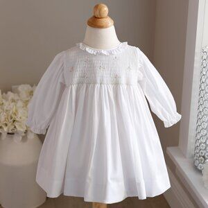 White Smocked Long Sleeve Dress Hand Embroidery Boutique LIKE NEW